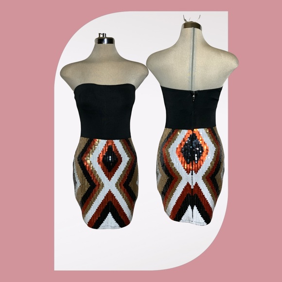 BEBE  Luxury Strapless Black  Multicolour Sequin Cocktail Dress Size S - Picture 13 of 14